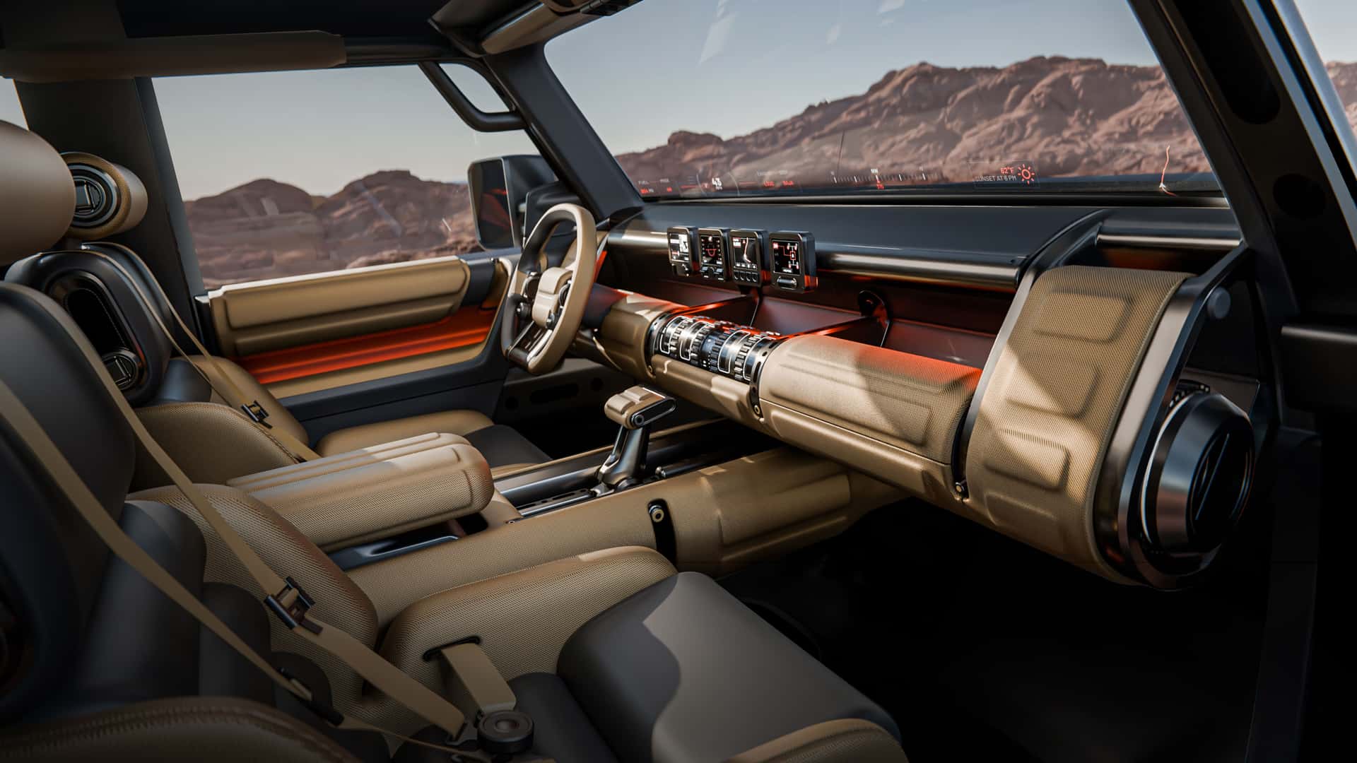 The retro-futuristic interior of the Hyundai Boulder Concept features a full-width windshield HUD, 4 small screens and physical knobs.